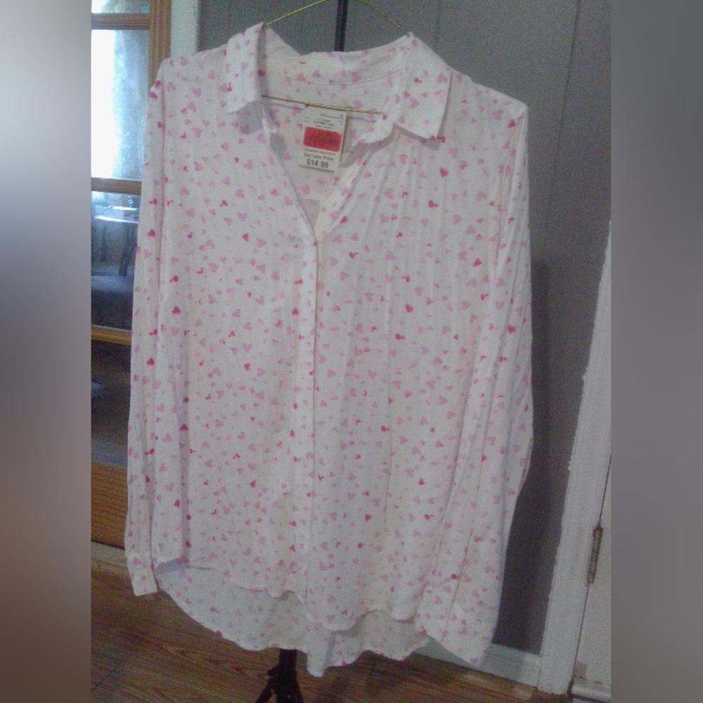 Casa Cabana Pink Heart Pattern Button Up Blouse